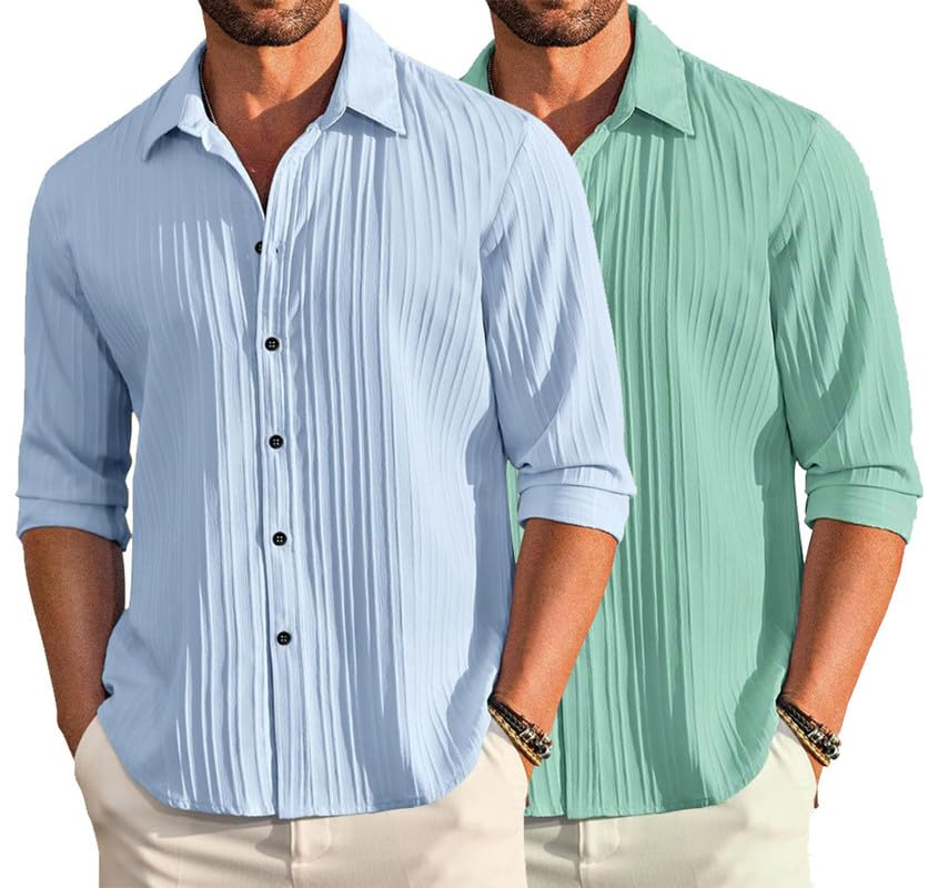 Deelmo Combo Of MenS Casual Button Down Shirts Long Sleeve Linen Shirt Fashion Textured Summer Shirts Pack Of 2