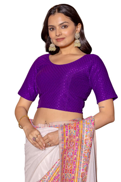 Jaanvi fashion Round Neck Dobby Cotton Lycra Stretchable Elbow Sleeve Readymade Saree Blouse for Women Stylish (cotton-dobbi-pru