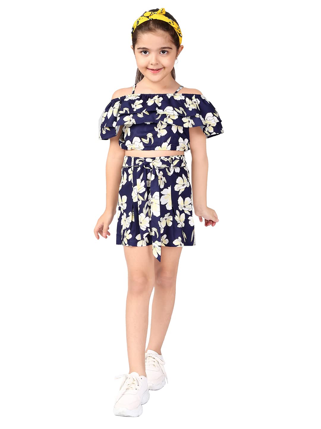 Naughty Ninos Girls Navy Floral Printed Polyester Top With Palazzos(Nn00887Drs)