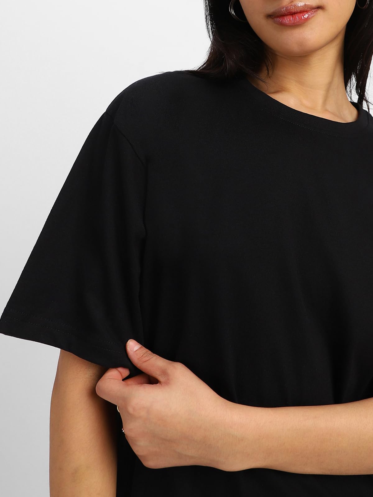 Juneberry Black Round Neck Drop Shoulder Back Graphic Printed Pure Cotton Oversized T-Shirt For Women/Girls (Gl_Os_Lthpnsblm_Bk_