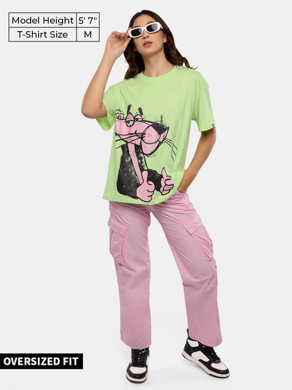 The Souled Store Official Pink Panther: Thumbs Up Women and Girls Oversized fit Graphic Half Sleeve Cotton Green Color Women Ove