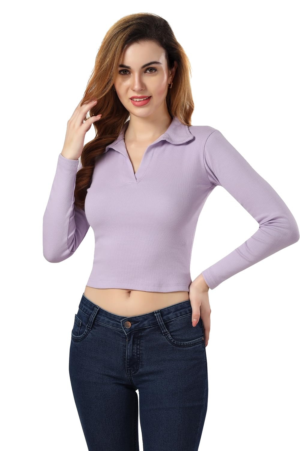 Fabme WomenS Full Sleeves, Collar Rib Top - Lavender