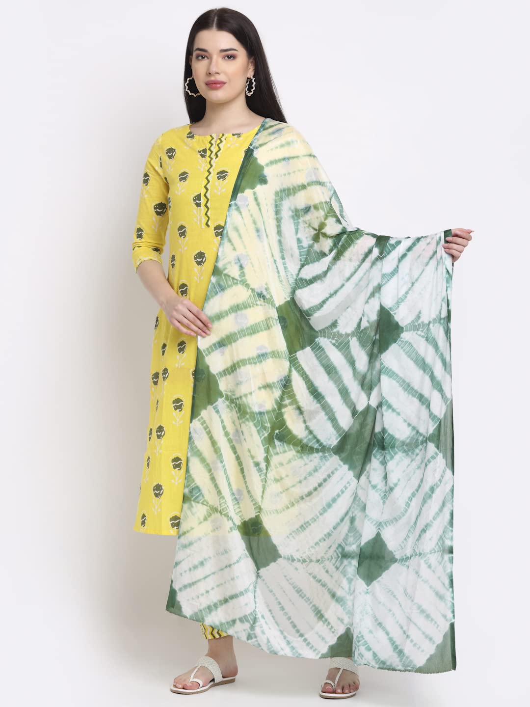 ANNI DESIGNER Women's Cotton Straight Kurta with Palazzo & Dupatta (KPZD-COT-10011-YELLOW)