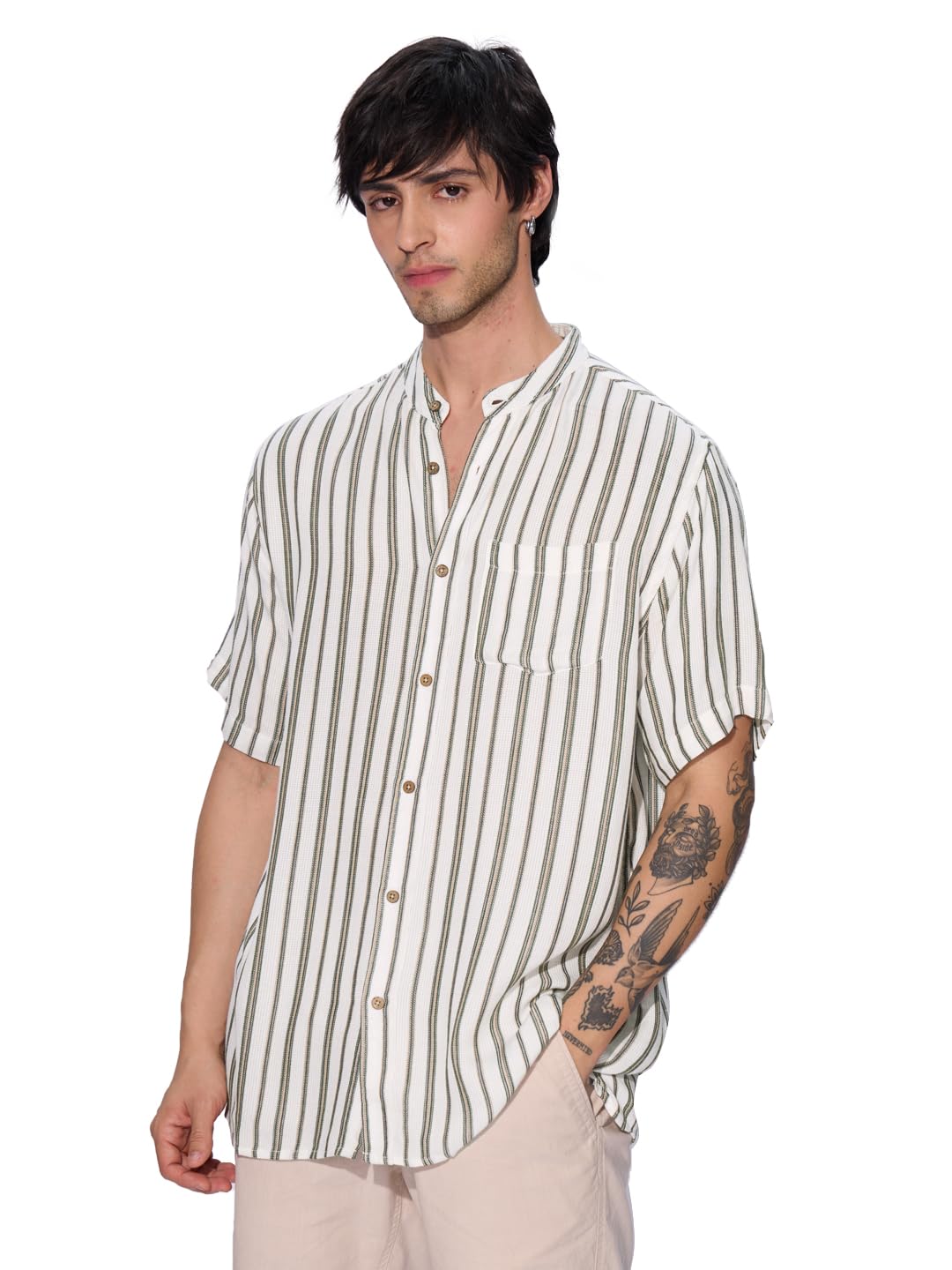 The Souled Store Stripes: Green, White Men and Boys Short Sleeves Collared Neck Button Front Regular Fit Rayon Textured Shirts