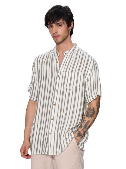 The Souled Store Stripes: Green, White Men and Boys Short Sleeves Collared Neck Button Front Regular Fit Rayon Textured Shirts