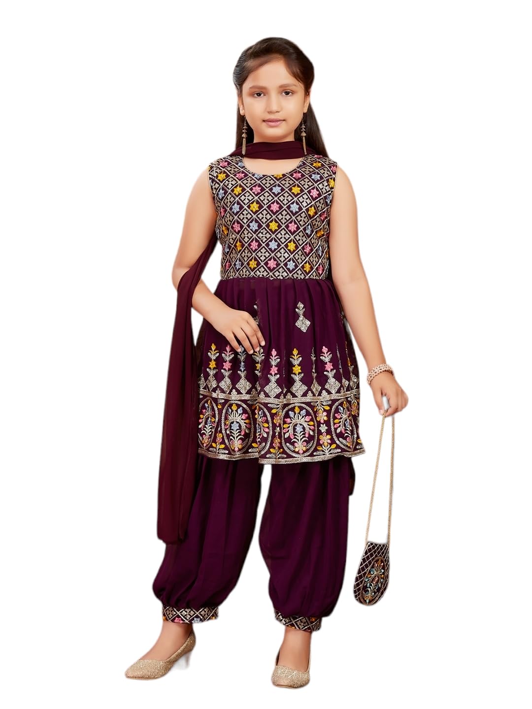 Aarika Girls Ethnic Wear Purple Colour Thread Sequin Embroidery Georgette Kurti Patiala Set With Sling Bag (4-10 Years)