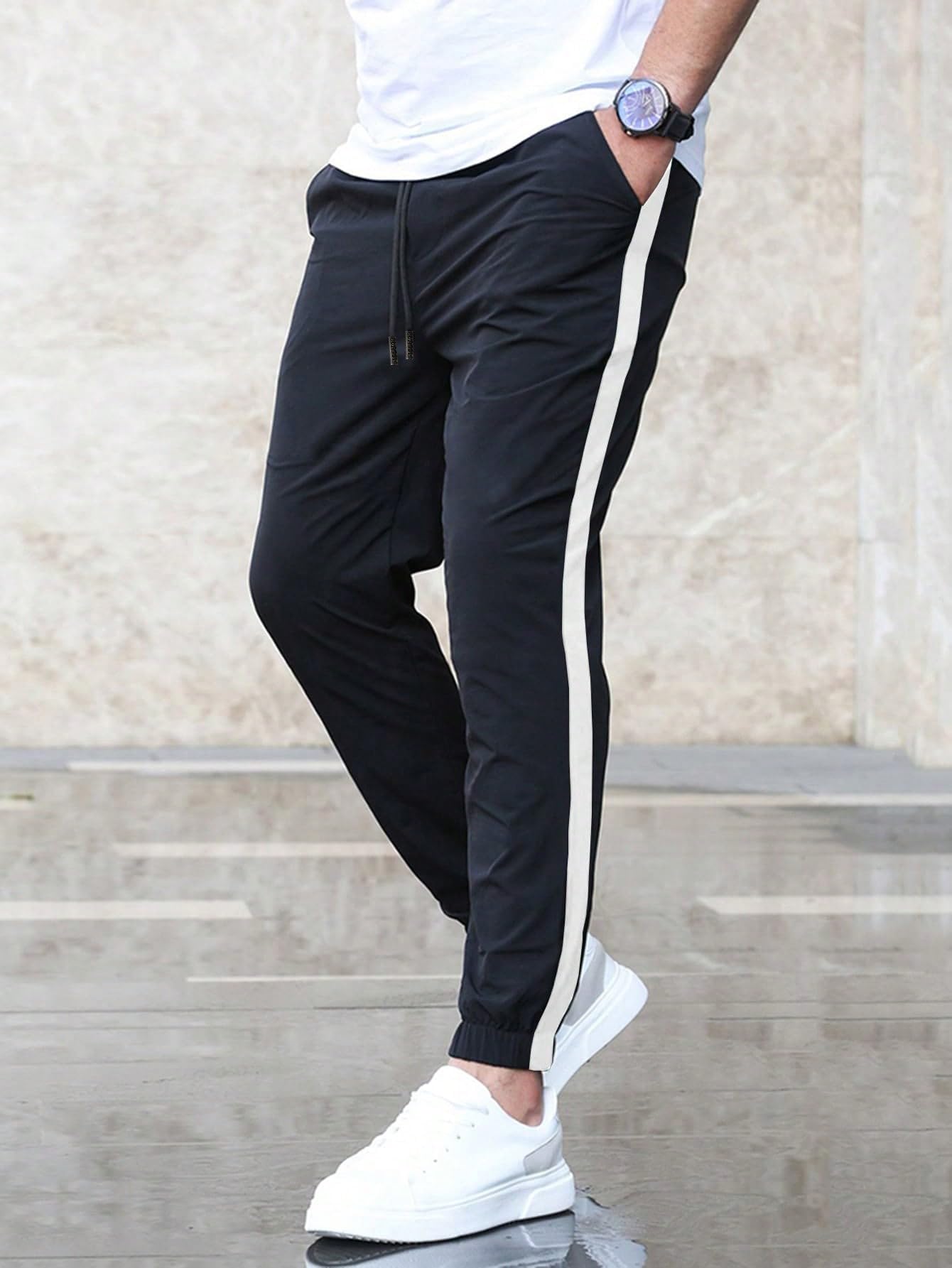 Shasmi Mens Athletic Jogger Black and White Contrast Side Color Block Patchwork Drawstring Waist Track Pant with Slit Pockets,
