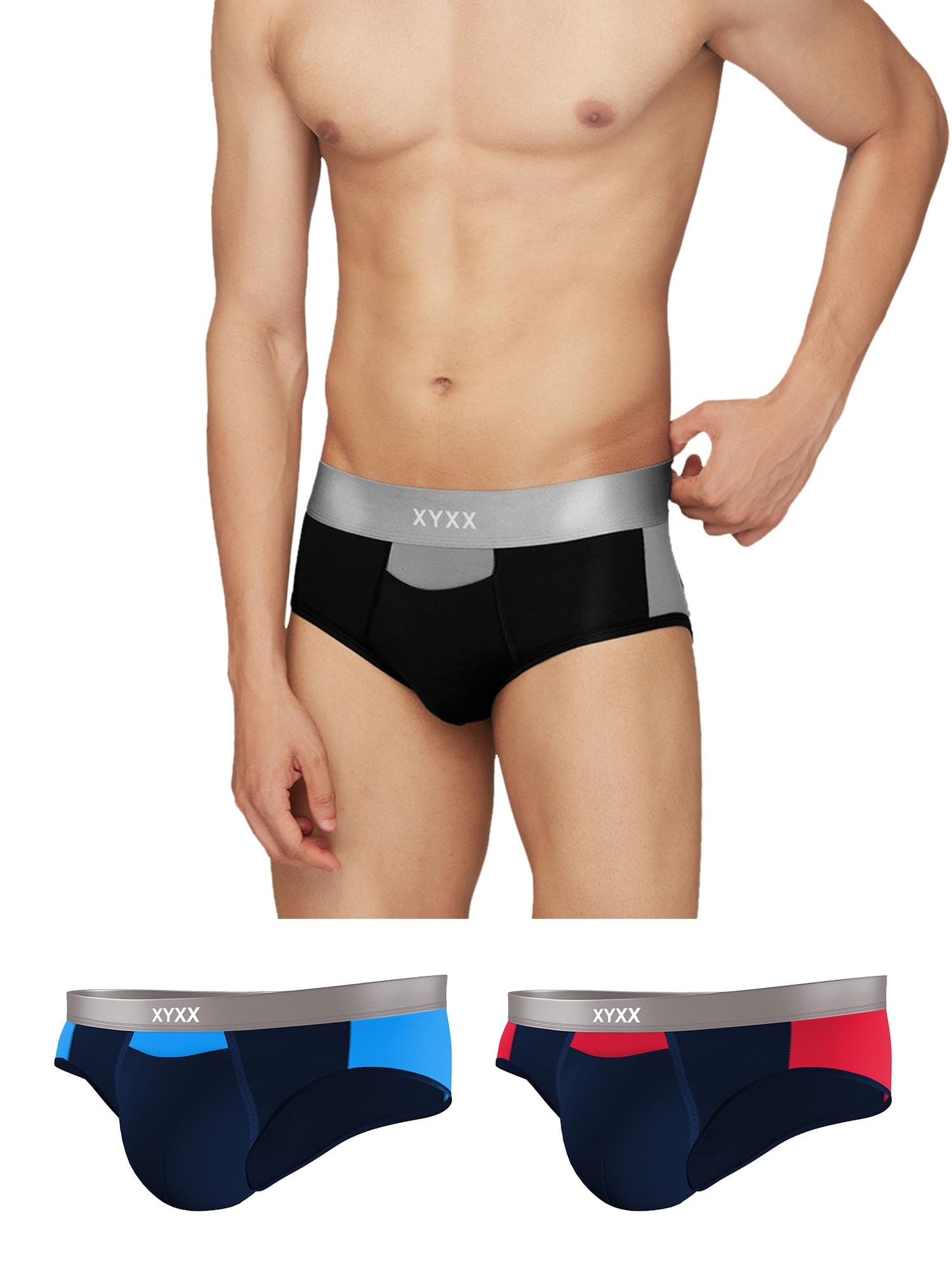 XYXX Mens Underwear Illuminati IntelliSoft Antimicrobial Micro Modal Brief Pack of 3 (Black Iris & Tango Red ; Black & Steel Gr