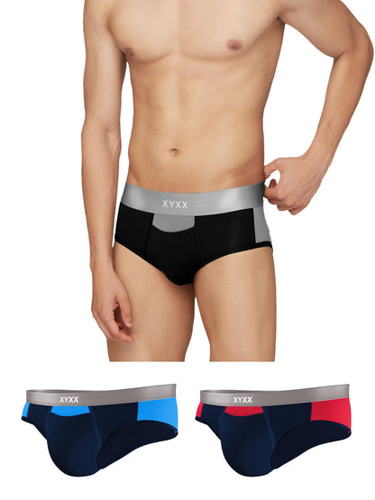 XYXX Mens Underwear Illuminati IntelliSoft Antimicrobial Micro Modal Brief Pack of 3 (Black Iris & Tango Red ; Black & Steel Gr