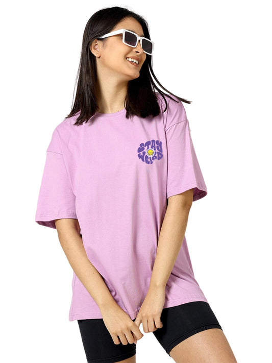 Juneberry Oversize Loose Baggy Fit Drop Shoulder Cool And Stylish Latest Stay Weird Pocket Print Design Lilac Half Sleeve T-Shir