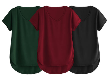 Fabricorn Combo Of Three Plain Maroon, Bottle Green And Black V-Neck Up And Down Cotton Tshirt For Women (Maroon, Bottle Green,
