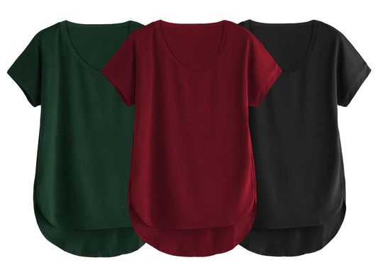 Fabricorn Combo Of Three Plain Maroon, Bottle Green And Black V-Neck Up And Down Cotton Tshirt For Women (Maroon, Bottle Green,