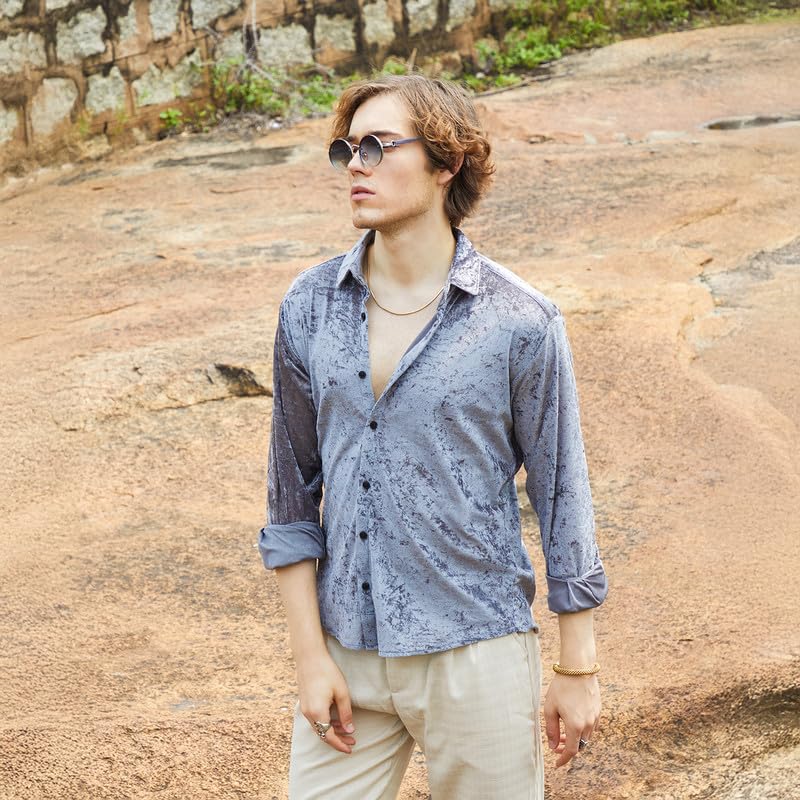 Campus Sutra Mens Moon Grey Solid Velvet Shirt for Casual Wear | Spread Collar | Long Sleeve | Button Closure | Shirt Crafted w