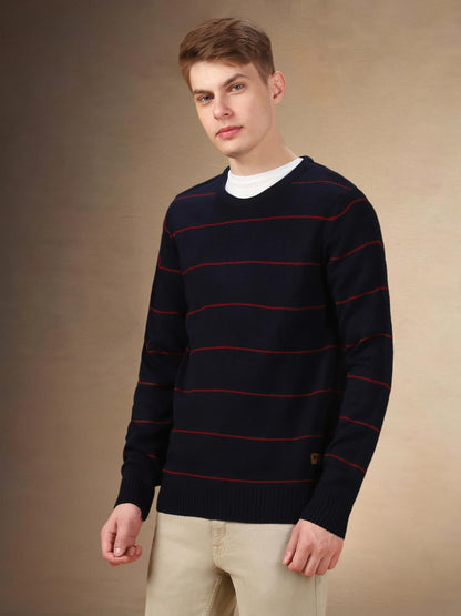 Dennis Lingo Men Stripes Acrylic Regular Fit Full Sleeves Pullover Sweater Navy Blue