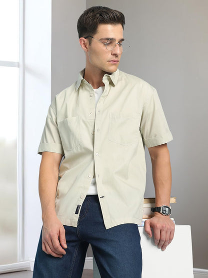 Dennis Lingo Men Beige Solid Spread Collar Half Sleeves Relaxed Fit Shirts