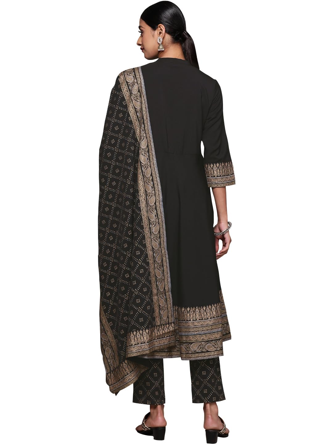 ZIYAA Women's Black Crepe Kurta with Pant and Dupatta Set
