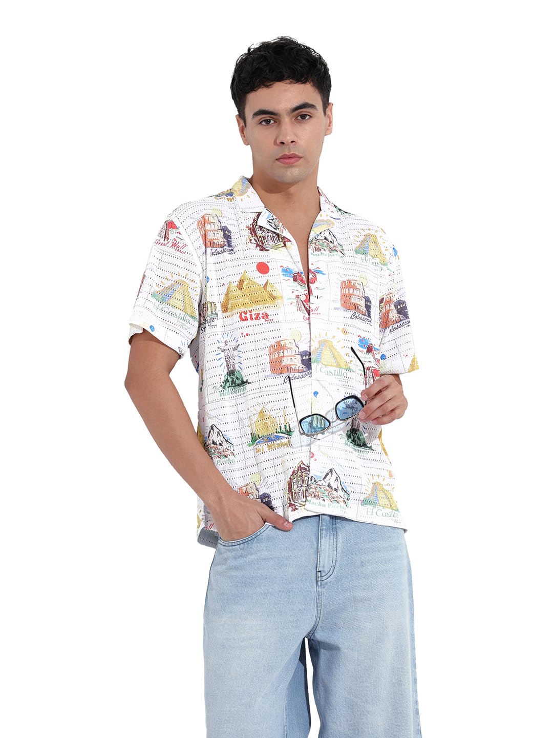 The Indian Garage Co Mens Relaxed Fit Printed Cuban Collar Half Sleeves Resort Sweater