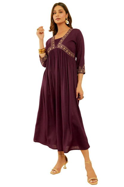 Soch Womens Wine Rayon Slub Floral Embroidered Empire Ethnic Dress