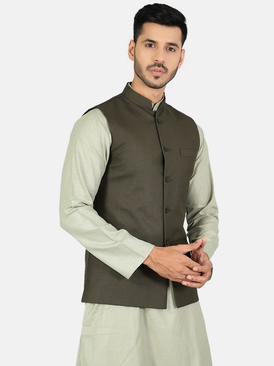 WINTAGE Mens Polyester Cotton Plain Green Modi Nehru Jacket : 42/L