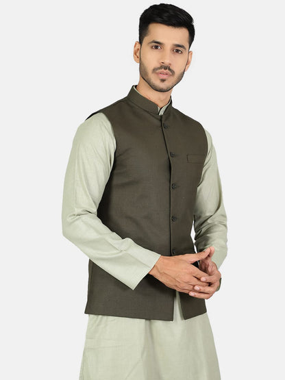 WINTAGE Mens Polyester Cotton Plain Green Modi Nehru Jacket : 42/L