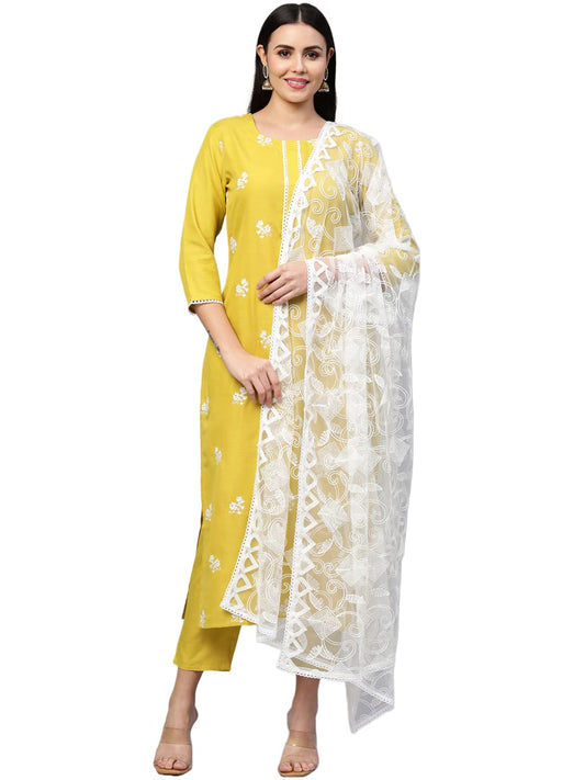 GoSriKi Womens Cotton Blend Embroidered Kurta with Pant & Dupatta (Mukund Yellow_S-Go_Yellow_Small)