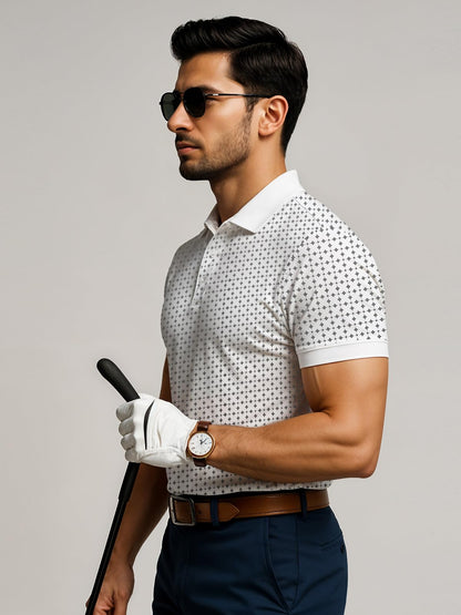 Mens Cotton Printed Polo Tshirt | 220 GSM Interlock Fabric | Slim Fit | Skin-Friendly Ink | White Golf-Inspired Pattern T Shirt