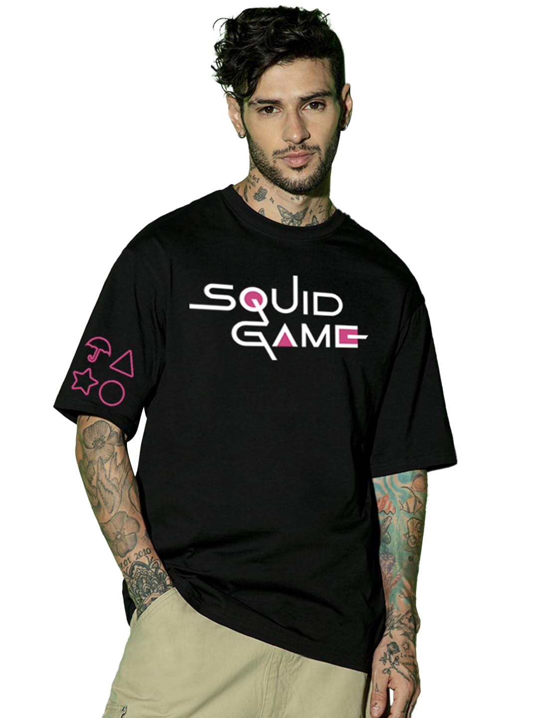 Bewakoof Official Squid Game Merchandise MenS Graphic Printed Oversized Fit Half Sleeve Round Neck Cotton Jersey T-Shirt_657414_