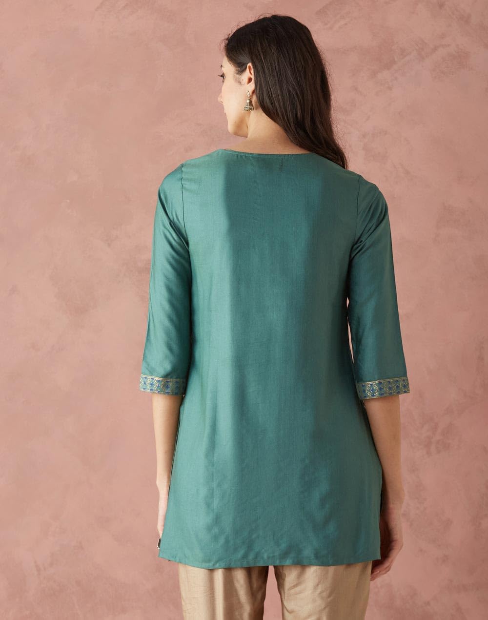 Fabindia WomenS Viscose Silk Solid Slim Fit Kurta (1038239Turquoise_Turquoise