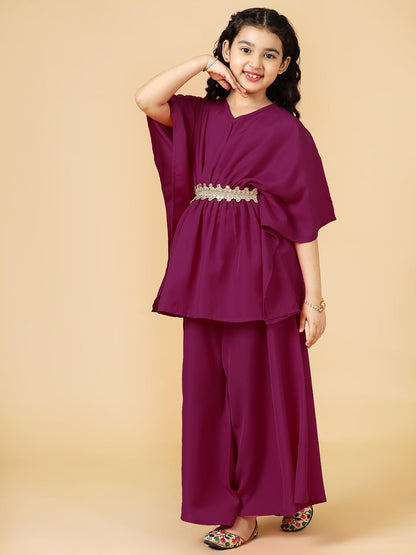 A.T.U.N. (ALL THINGS UBER NICE) Girls Solid Polysilk Wine Kaftan with Flared Pant Set