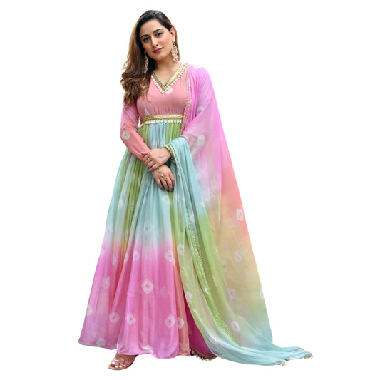 Anveri Textiles WomenS Georgette Anarkali Kurta And Dupatta Set | V Neck 3/4 Sleeves Regular Fit Flared Anarkali Kurta And Prin