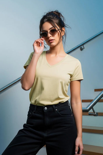Juneberry Women Solid V Neck Pure Cotton T-Shirt