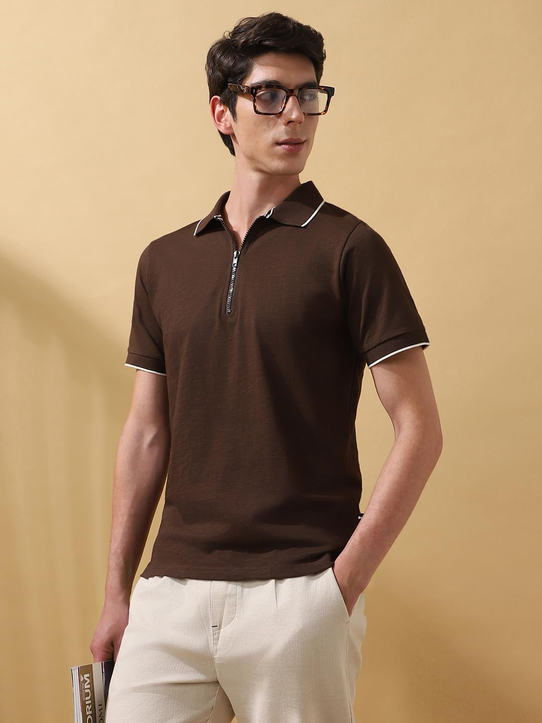 Dennis Lingo Men Solid Cotton Polo Collar Half Sleeves Regular Fit T-Shirt Brown