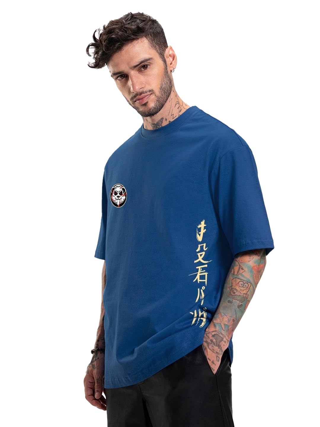Bewakoof Mens Stoned Panda Graphic Printed Cotton T-Shirt - Oversized Fit, Round Neck, Half Sleeves_592041_Blue_XL