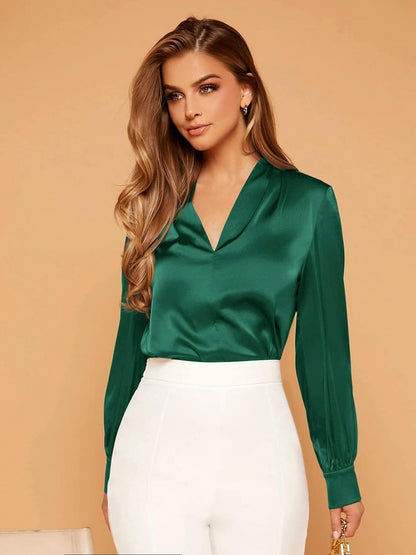 Kotty Womens Jungle Green Satin Full Sleeve Solid Top