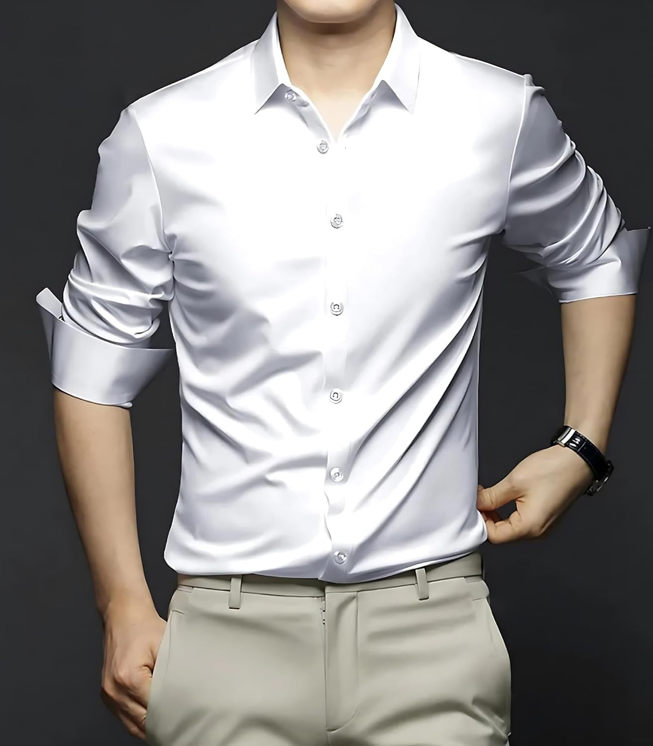 Deelmo MenS Stylish Solid Satin Casual Shirt For Men Full Sleeves| Poly Satin Silk Shirt White