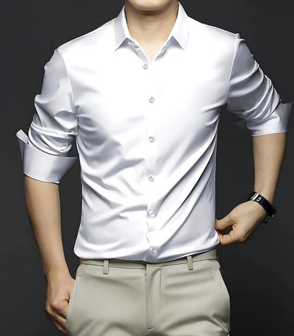 Deelmo MenS Stylish Solid Satin Casual Shirt For Men Full Sleeves| Poly Satin Silk Shirt White