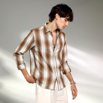 Campus Sutra Mens Chocolate Brown & Cream White Ombre Buffalo Check Shirt | Casual Wear | Spread Collar | Long Sleeve | Button