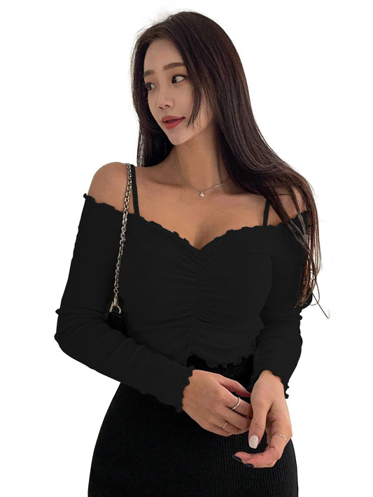 Sugathari Womens Black Solid Colour Open Cold Off Shoulder Long Sleeve Lettuce Hem Casual Autumn Trim Tight- Slim Fitting Ruche