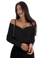 Sugathari Womens Black Solid Colour Open Cold Off Shoulder Long Sleeve Lettuce Hem Casual Autumn Trim Tight- Slim Fitting Ruche