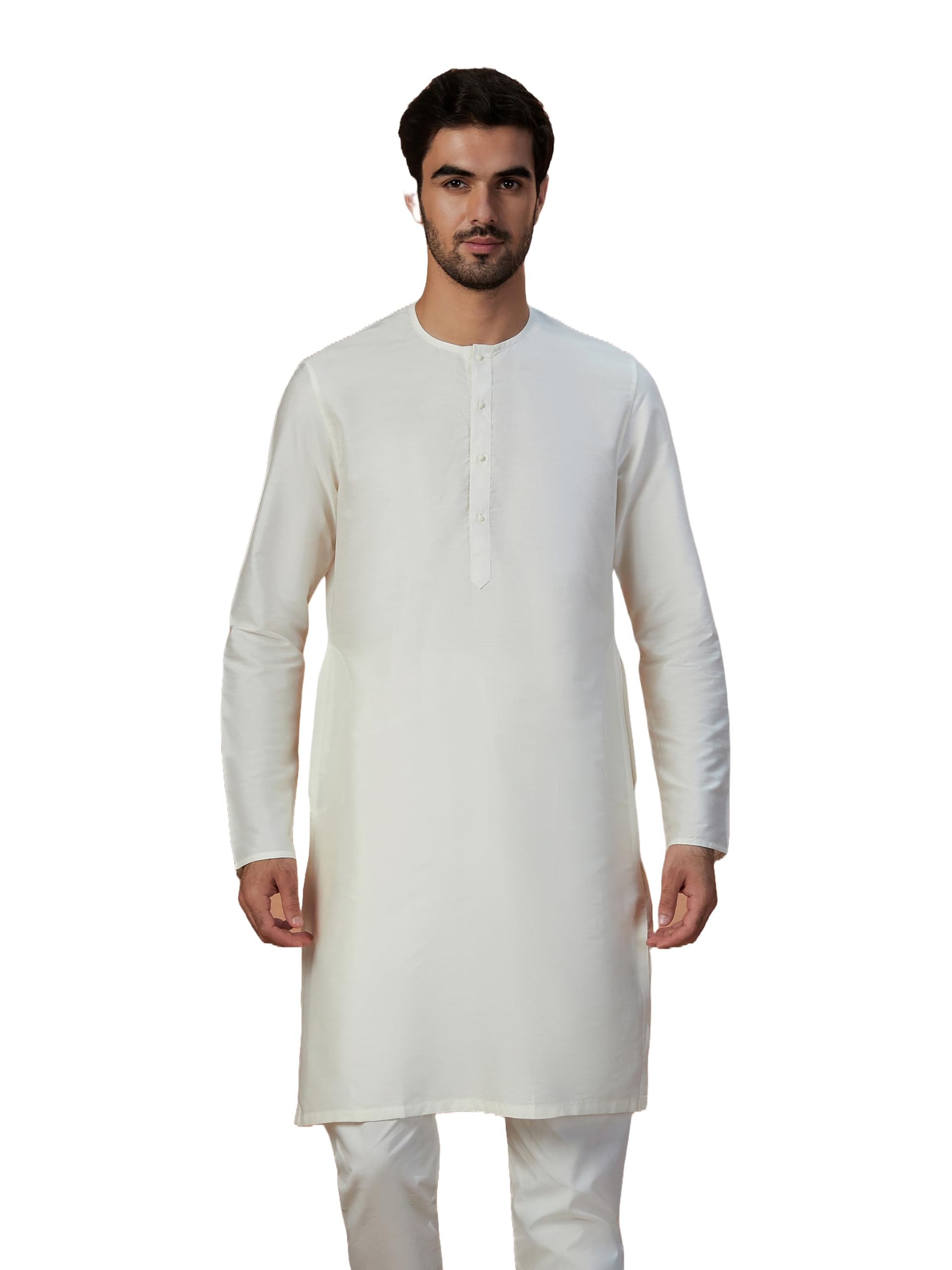 Manyavar MenS Kurta, Full Sleeves Mandarin Collar Ethnic Knee Length Kurta, Blended Viscous Solid Kurta For Festival, Wedding,