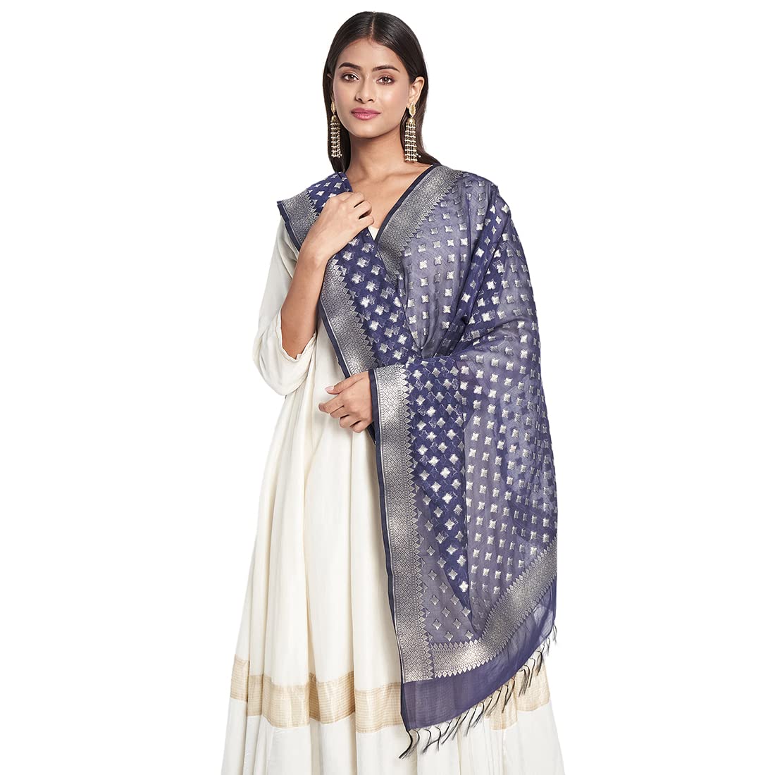 Fabindia Women Cotton Silk Woven Dupatta Navy_Freesize