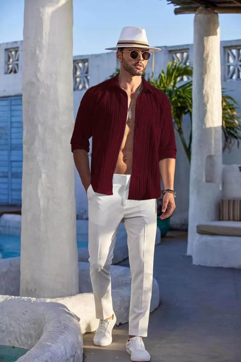 Deelmo MenS Button Down Dress Shirts Textured Long Sleeve Casual Hawaiian Beach Shirt