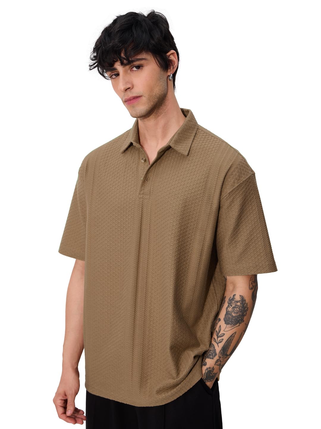 The Souled Store Textured Polo: Cinnamon Men and Boys Short Sleeves Collared Neck Pull On Solid Casual Streetwear Trendy Cotton