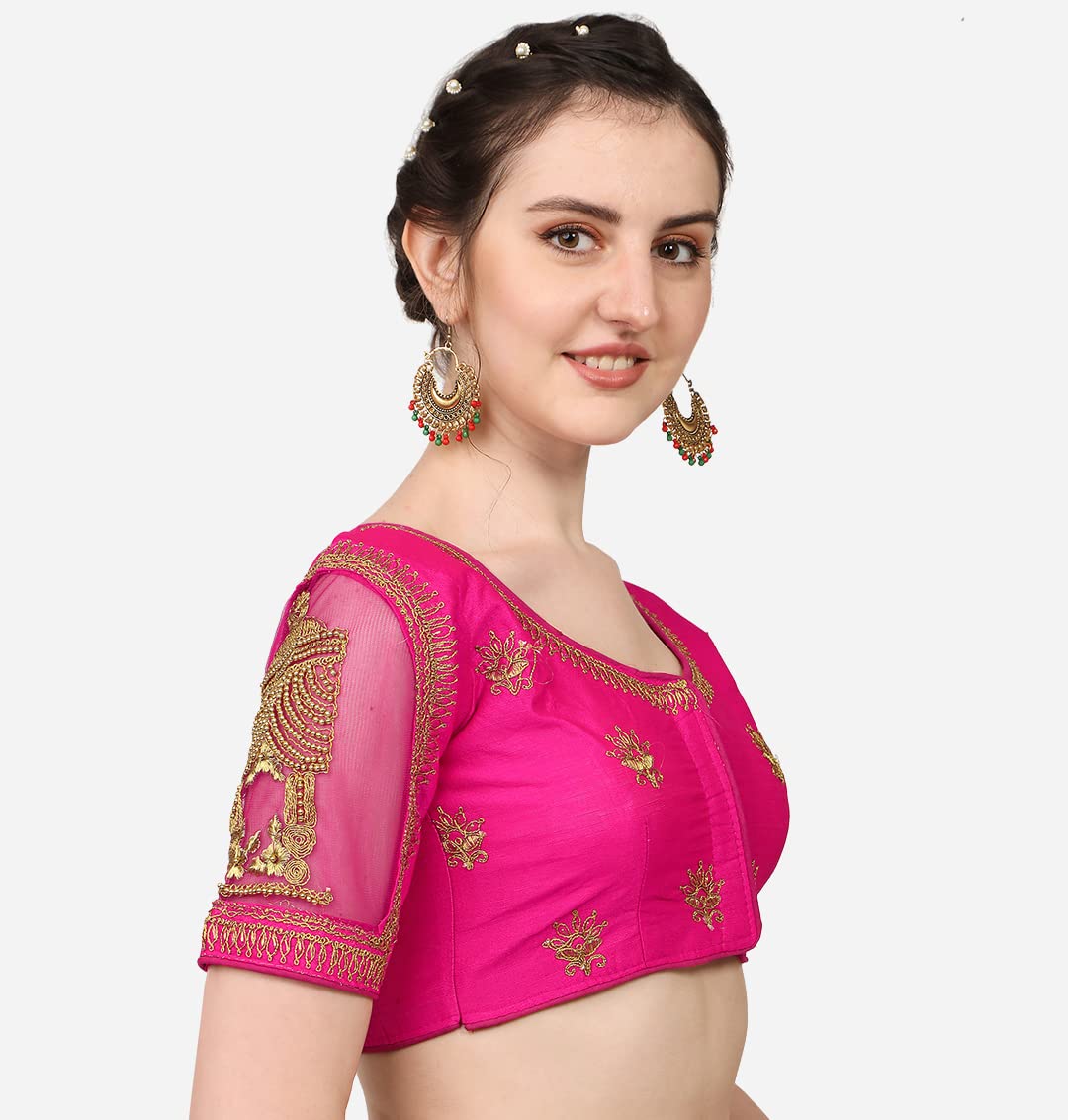 Pujia Mills WomenS Multicolor Temple Embroidery Net Back Sequence Khatli Work Sleeves Design Phantom Silk Readymade Saree Blous