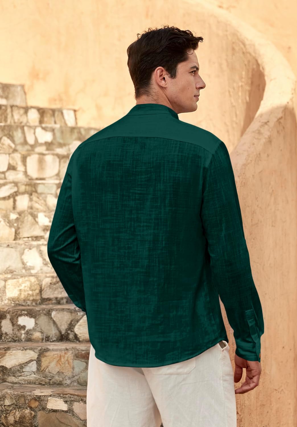 Zombom Mens Solid Cotton Blend Straight Kurta Shirt, Regular Fit Full Sleeve Short Kurta Shirt Green