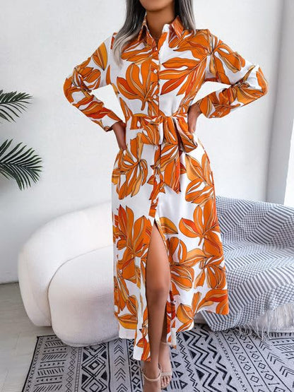 Gufrina WomenS Crepe Midi Dress With Full Sleeves Floral Printed Collar Neck Maxi Length Regular Fit And A Line Style Orange