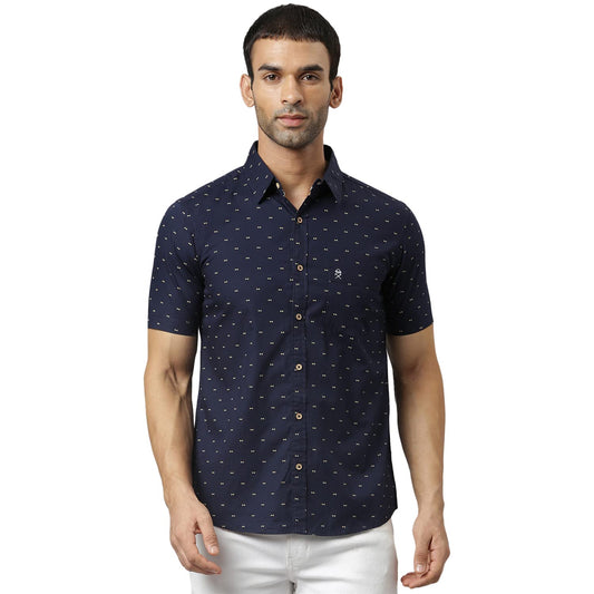 Thomas Scott Mens Printed Slim Fit 100% Cotton Casual Shirt with Half Sleeve Deep Navy