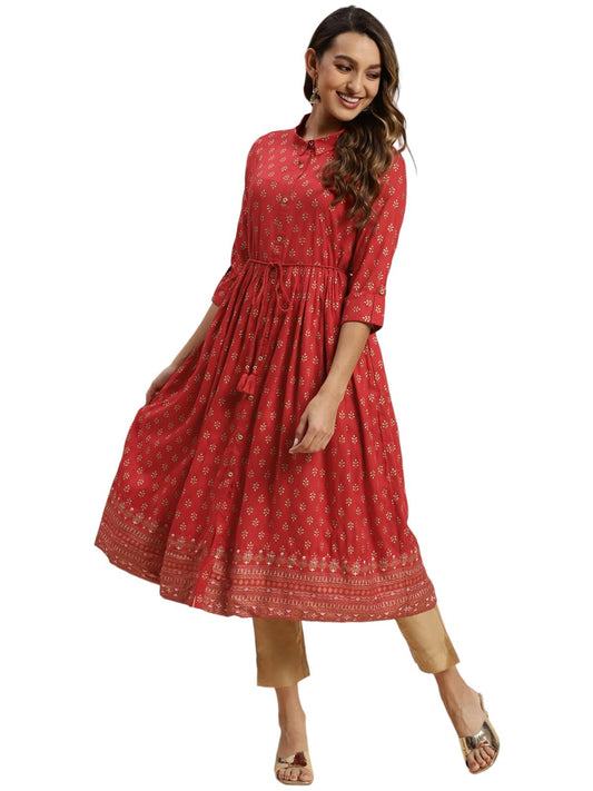 rangita Red Rayon Calf Length Printed Flared Kurti for Women | Kurta for Women