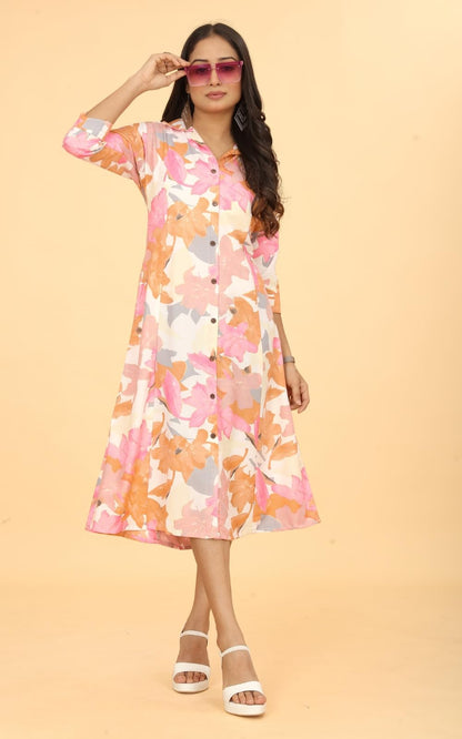 Kesudi A Line Dresses For Women Western Latest - Rayon Floral One Piece Dress For Women Long | Stylish Flared Shirt Knee Length