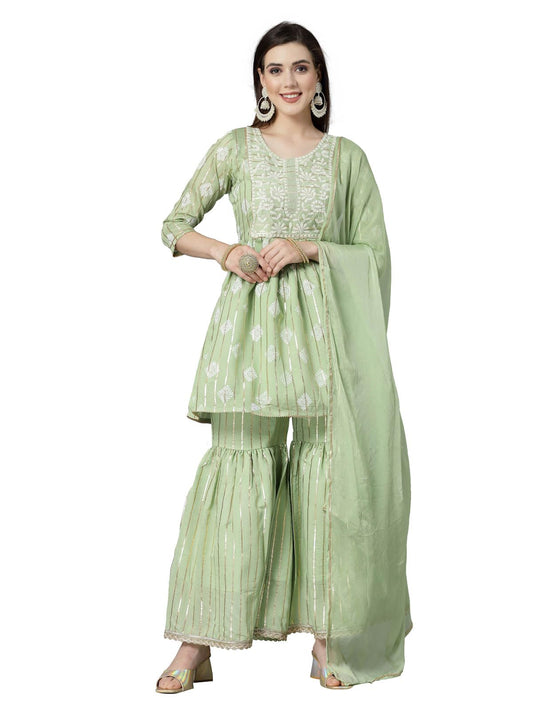 Stylum Women's Printed & Embroidered Chanderi Cotton Kurta Sharara Dupatta Set (KSDKASATA)